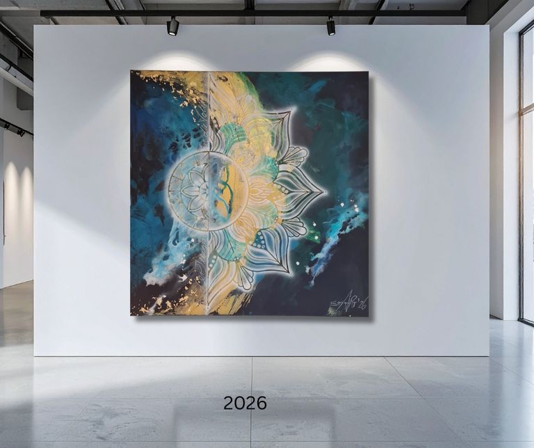 Abstraktes Kunstwerk mit einer halbtransparenten Sonne und einer mandalaähnlichen Blütenstruktur in Gelb, Blau und Schwarz, ausgestellt in einer modernen Galerie mit weißer Wand und Betonboden.
